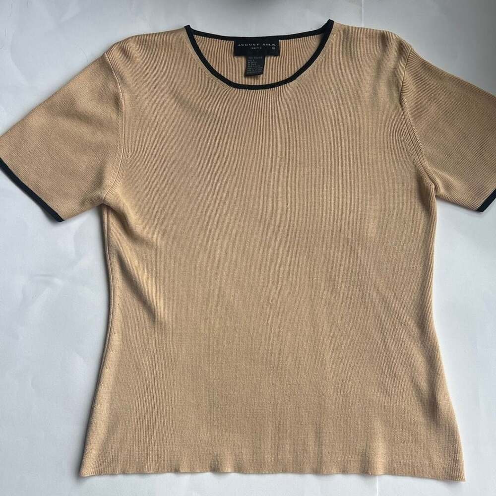 August Silk Short Sleeve Sweater Size L Tan Black Trim Ribbed Silk Knit